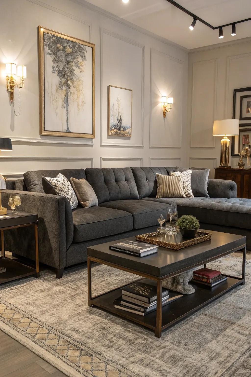 A statement coffee table stabilizes the living room.