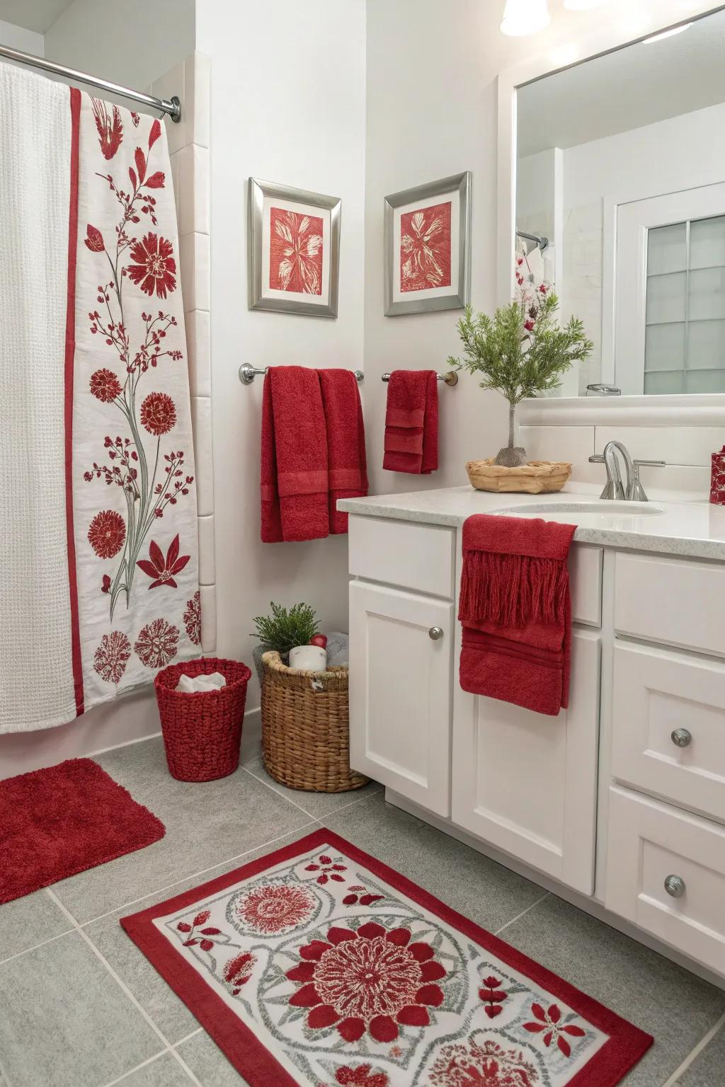 Seasonal red swaps keep your bathroom design revitalized and well-coordinated.