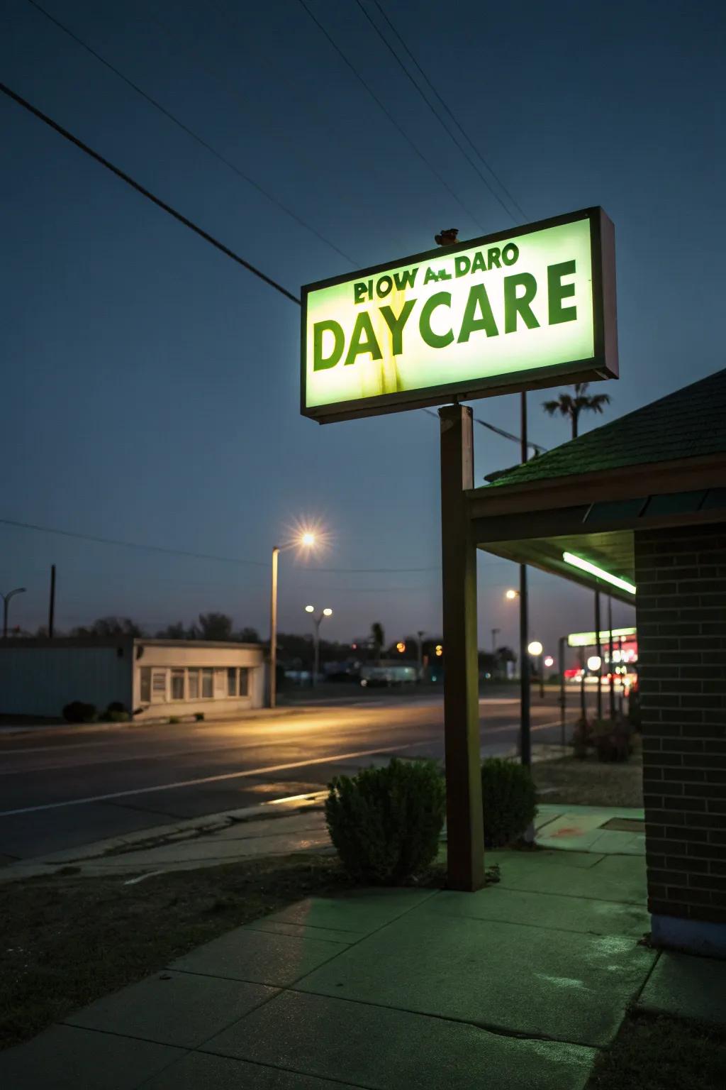 The daycare gains magic and visibility at night with glow-in-the-dark signage.