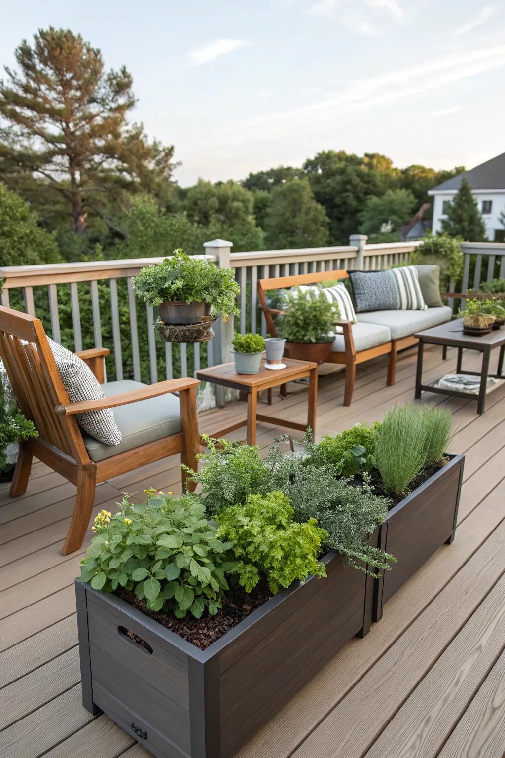 Relax in style using seating that features herb boxes.