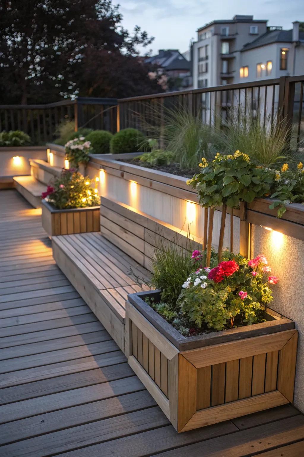 Evening charm with lit benches and greenery.