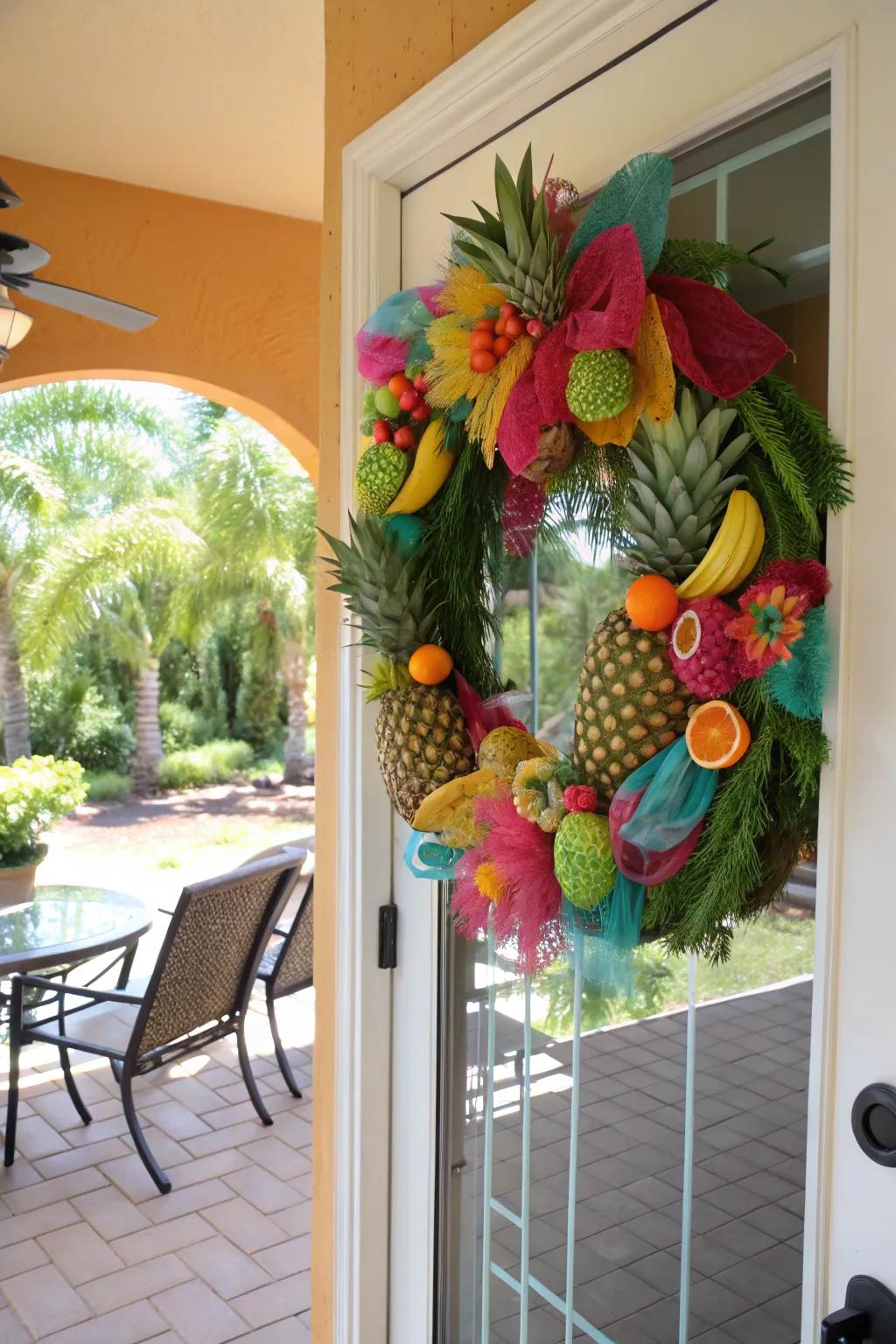A tropical fiesta deco mesh wreath that bursts with color.