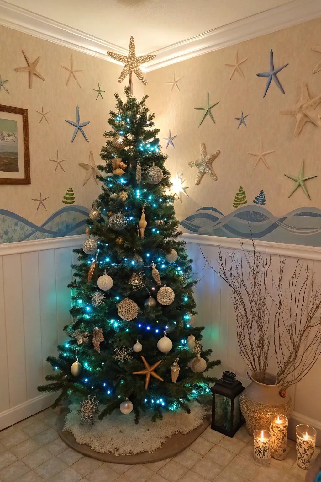 An under-the-sea Christmas tree with oceanic lights and decorations.