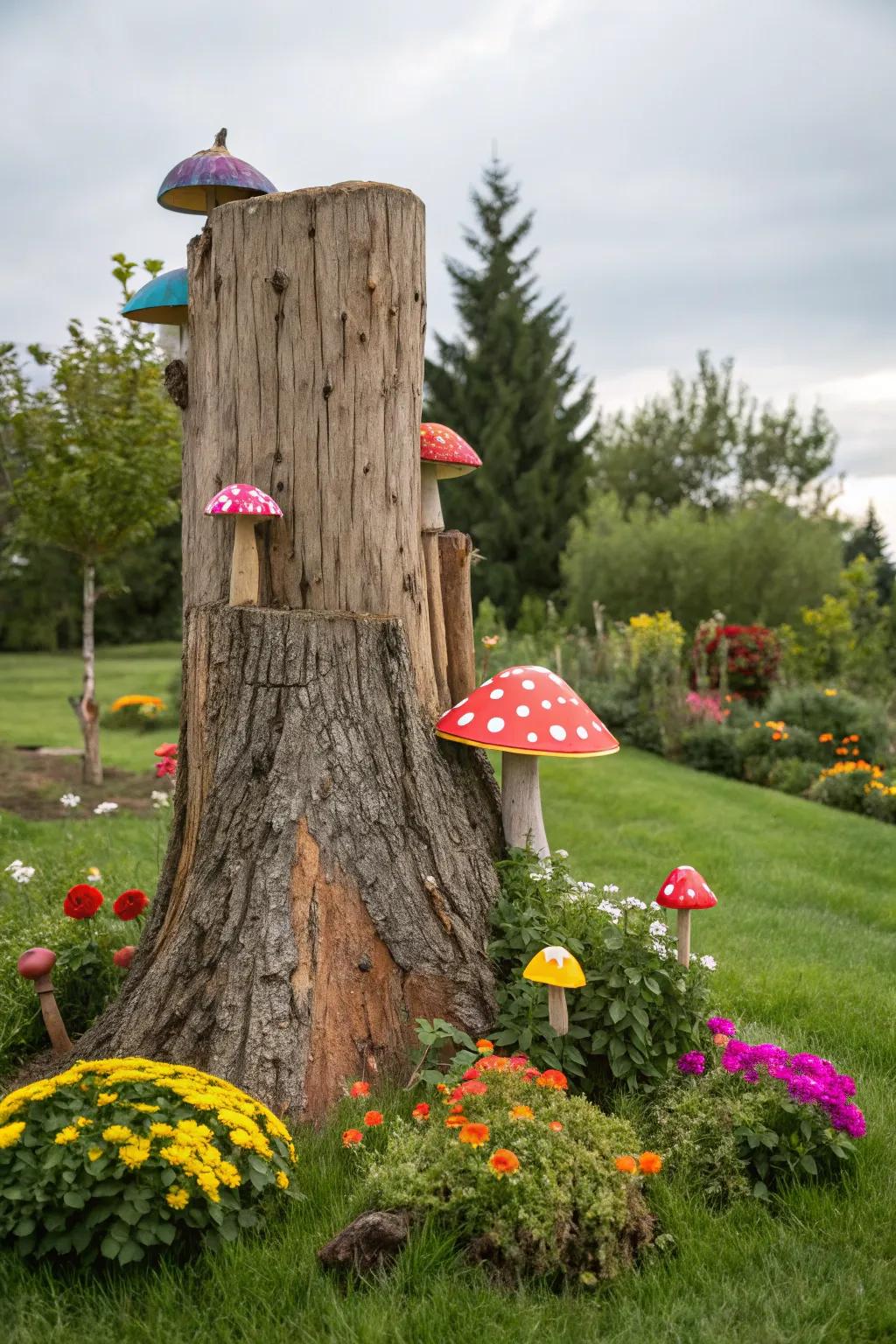Add whimsy with mushroom decorations on a tree stump.