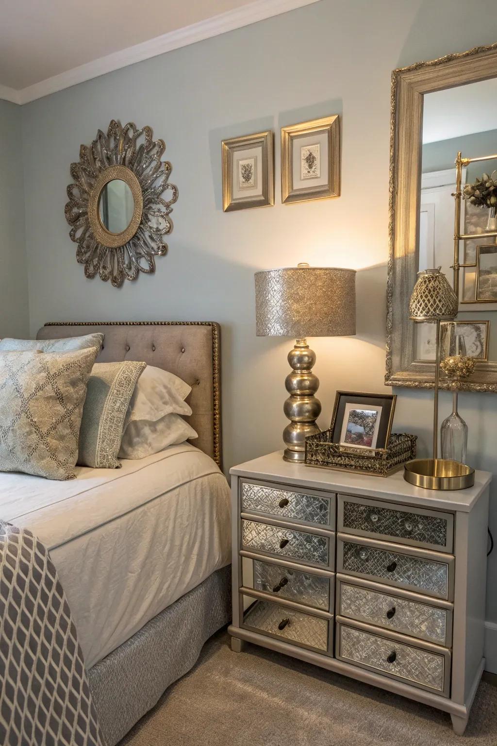 Metallic elements add glamour and brightness to a small bedroom.