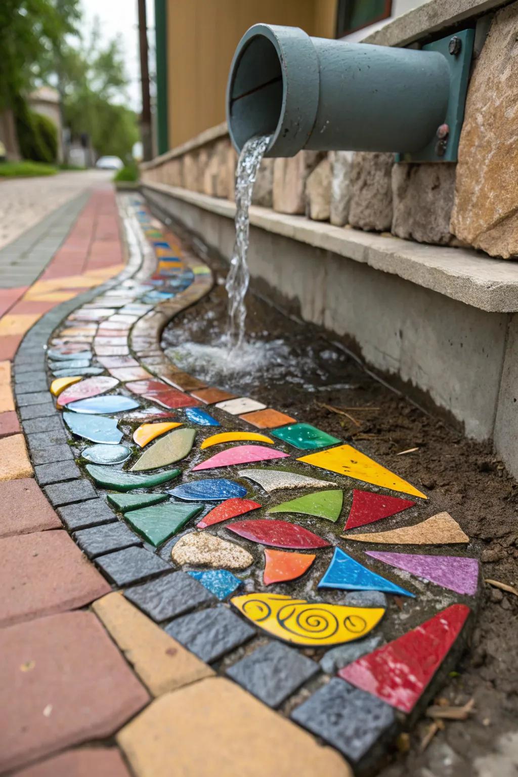 Colorful river designs add vibrancy and charm to downspout areas.