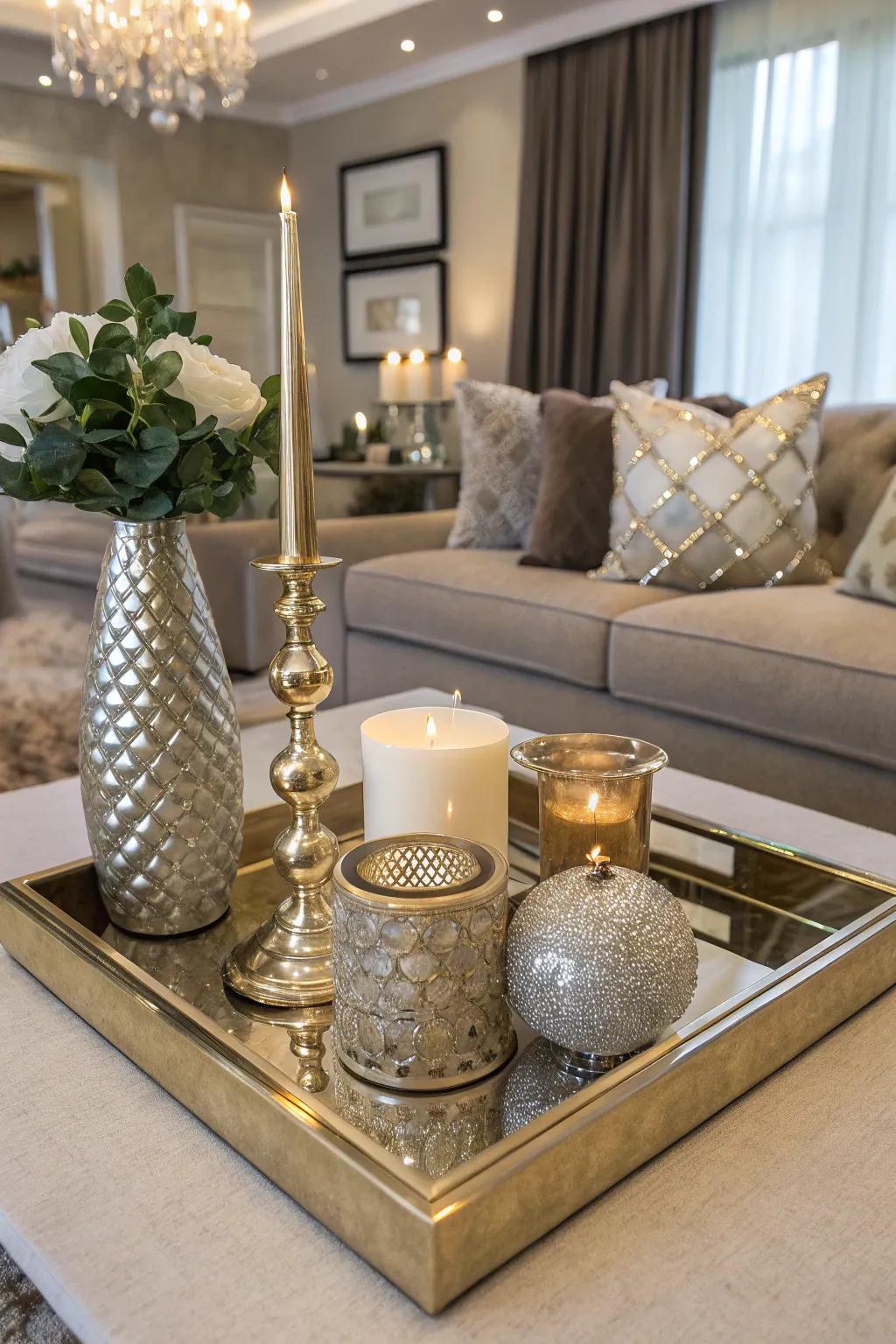 Sophisticated glimmer with metallic accents on a display piece.