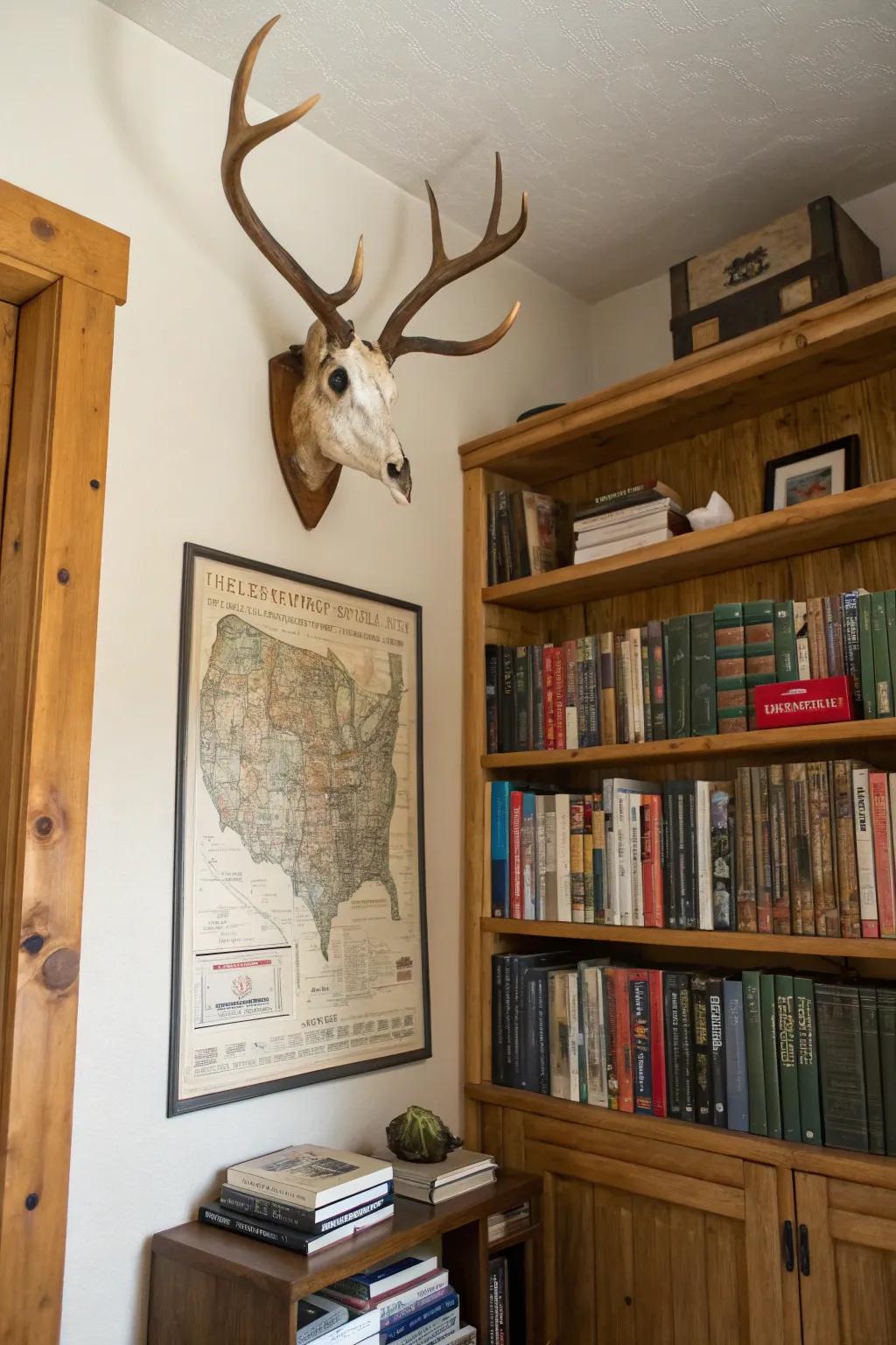 A vintage chart backdrop introduces an adventurous theme to a deer skull.