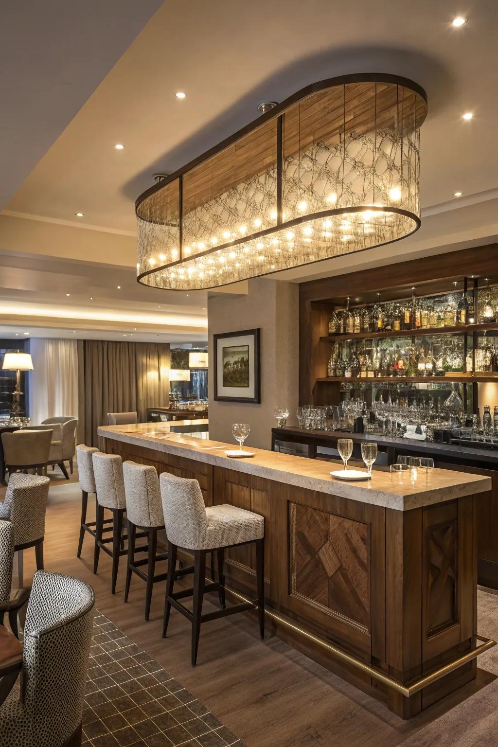 Statement lighting becomes the centerpiece of your bar area.