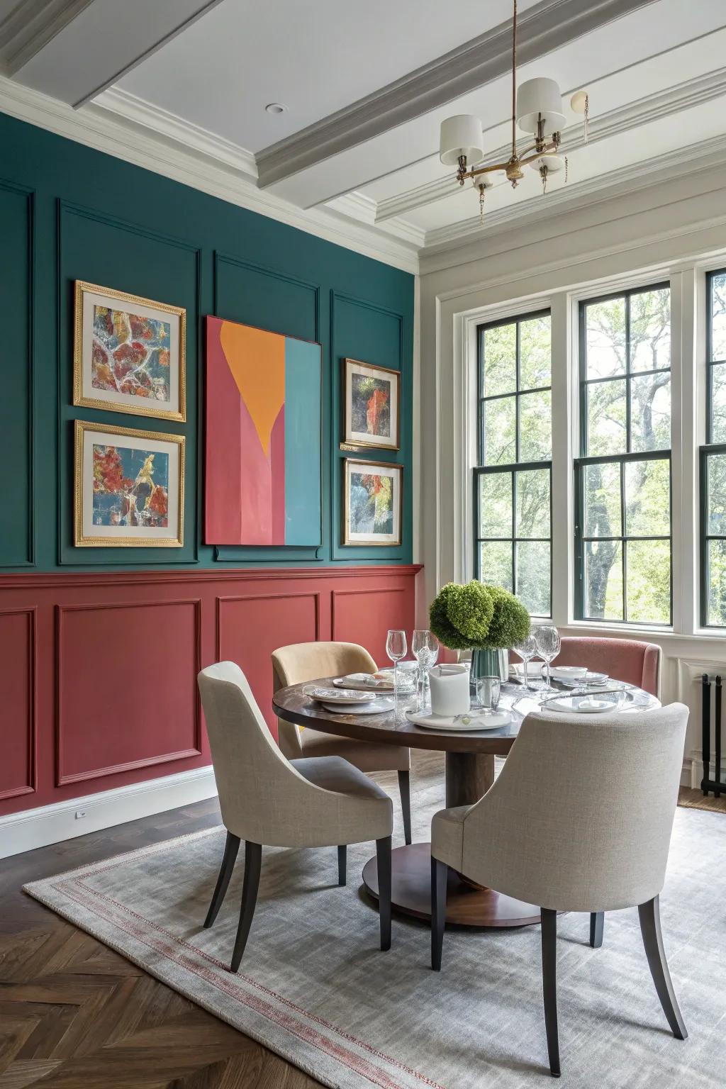 Bold color block wainscoting makes a striking statement in the dining area.