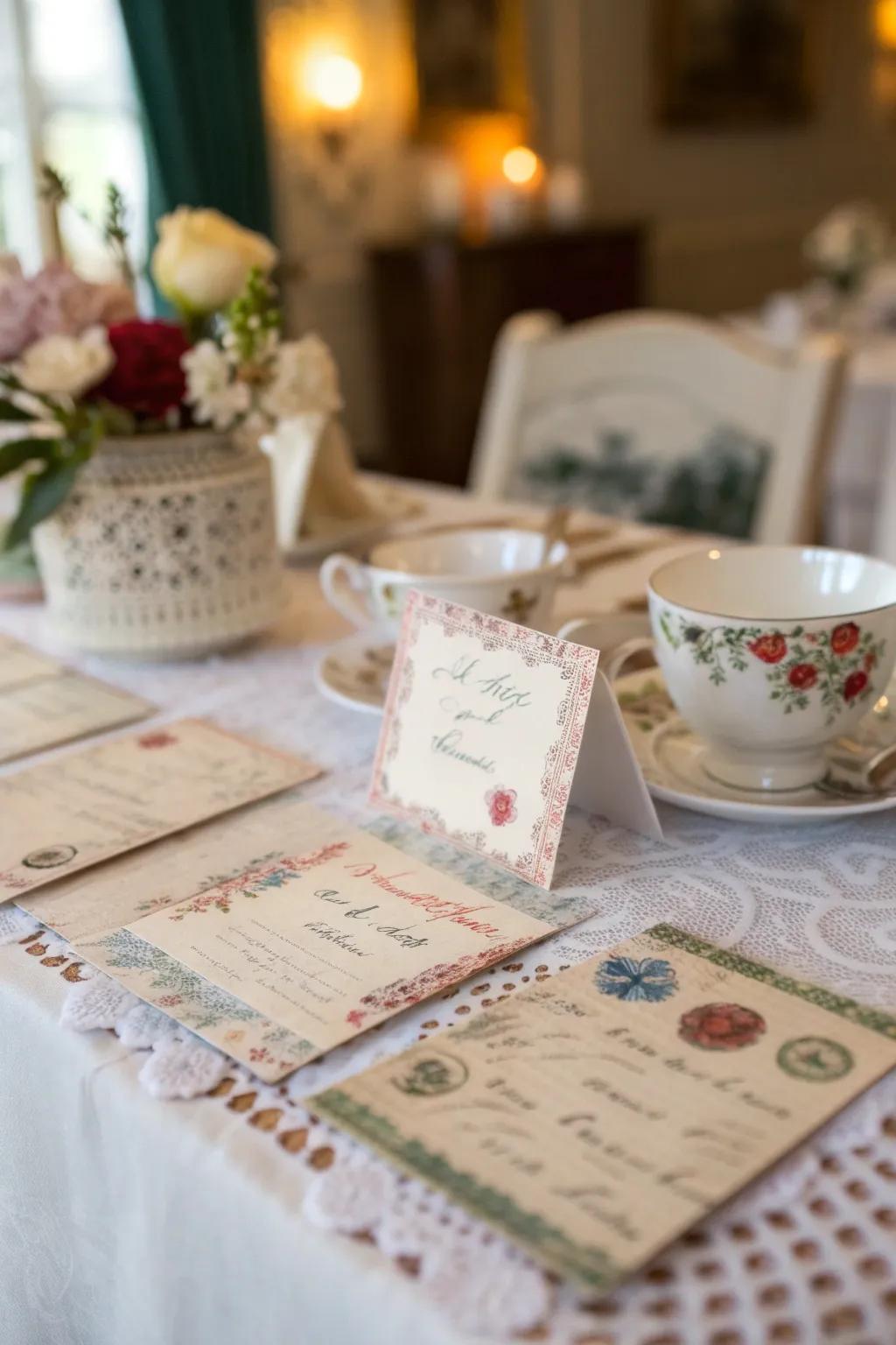 Retro postcard seating cards bring a nostalgic vibe to your dinner.