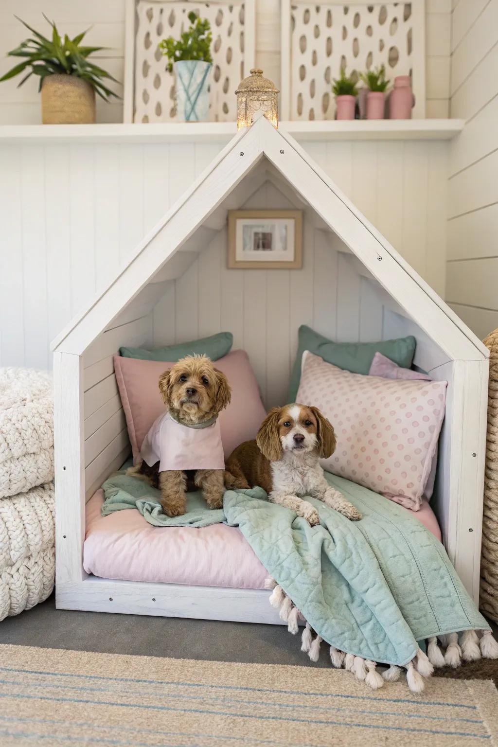 A symmetrical dog nook presenting balanced design and comfortable bedding to create a tranquil environment.