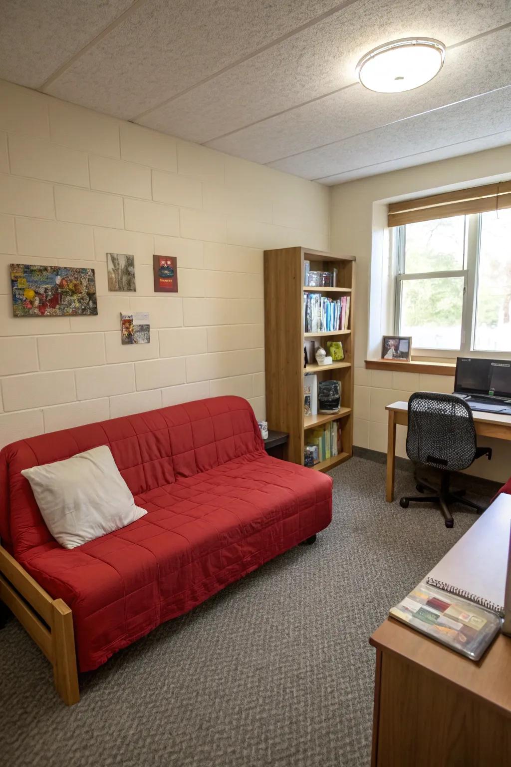 The red couch brings some added energy to the neutral tones of this dorm.
