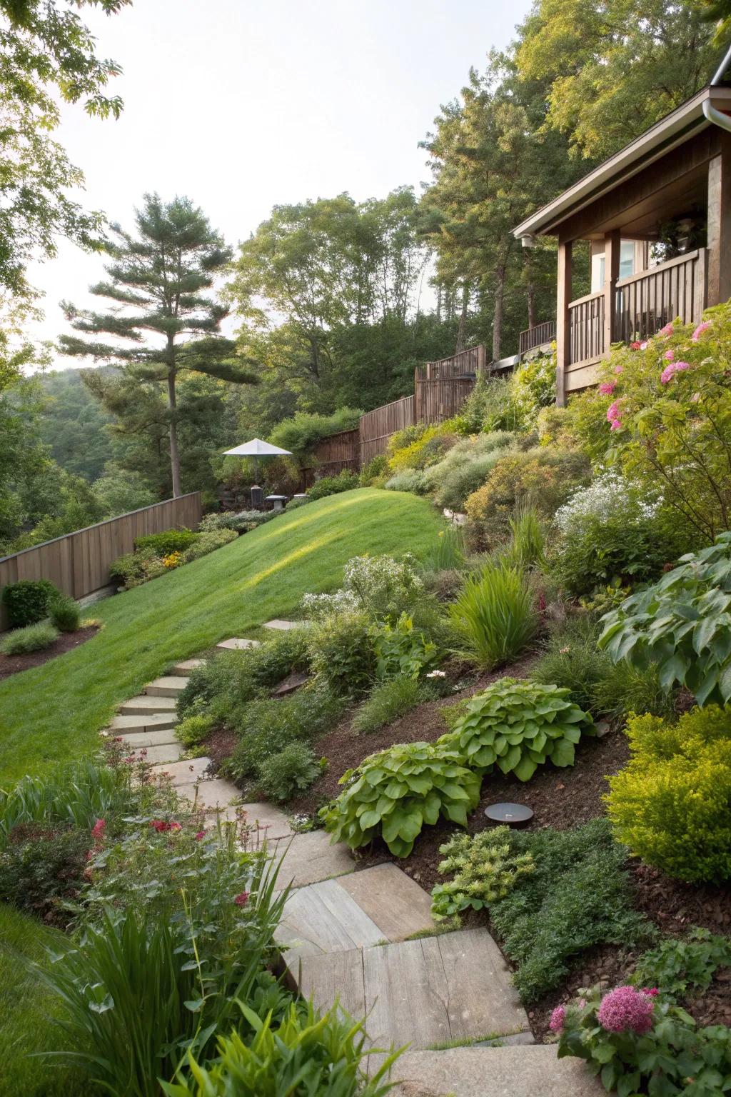 Native greenery borders enhance the natural beauty of a sloped garden.