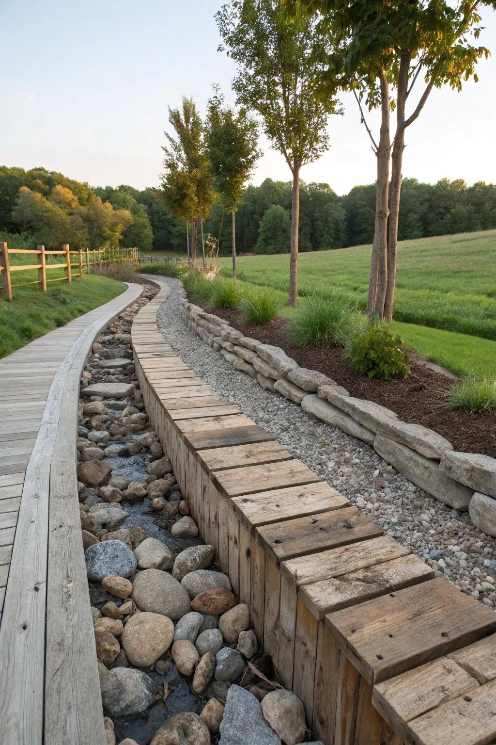 Reclaimed materials infusing character and sustainability in a swale.