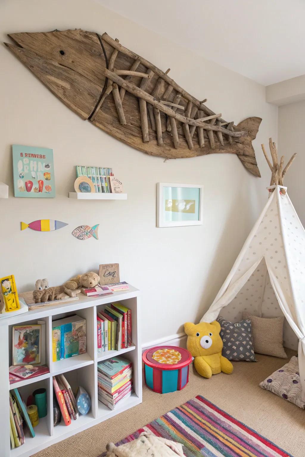 Found-wood fish art brings a hint of whimsy to your decoration.
