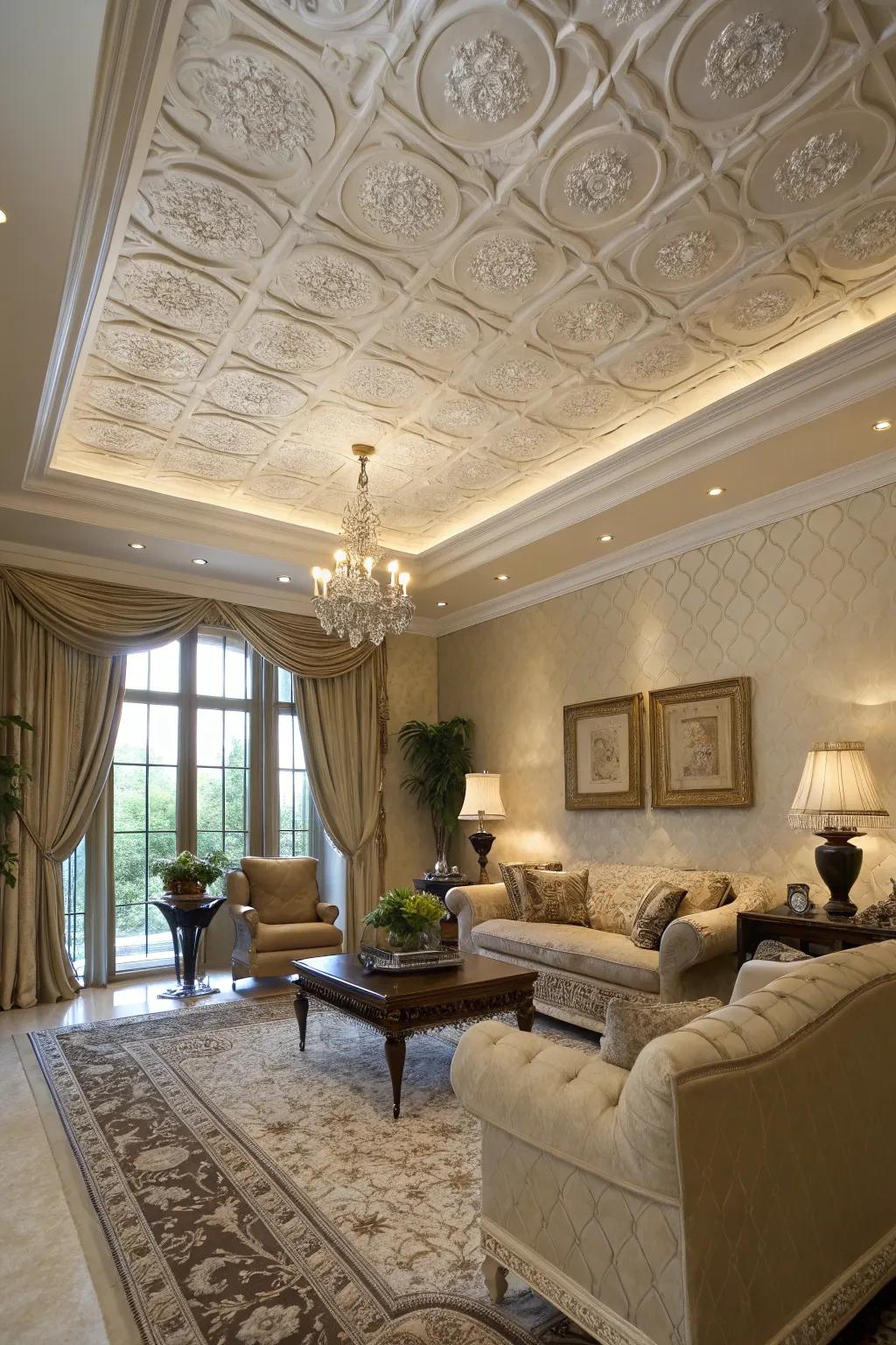 Luxurious appeal with textured faux finish ceiling squares.