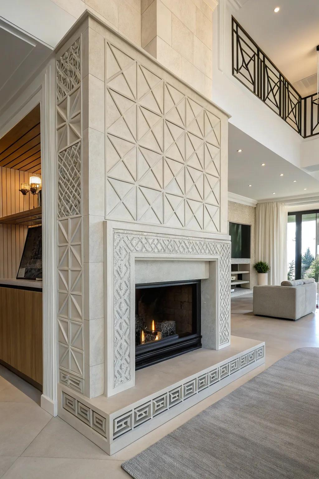 Shape designs bring a modern flair to a drywall fireplace.