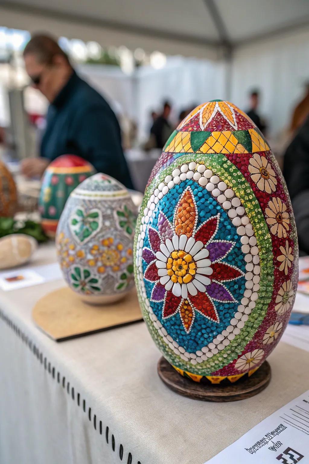 Imaginative mosaic artistry utilizing vibrant eggshells.