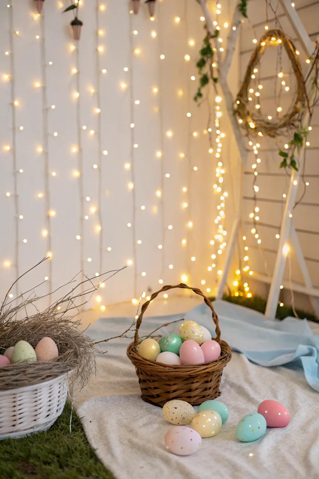 Fairy lights draped all around the background design an ethereal and whimsical Easter picture setting.