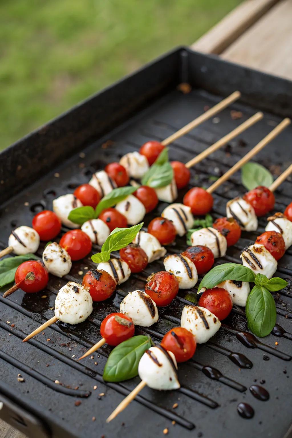 Elegant grilled summer skewers with balsamic drizzle.