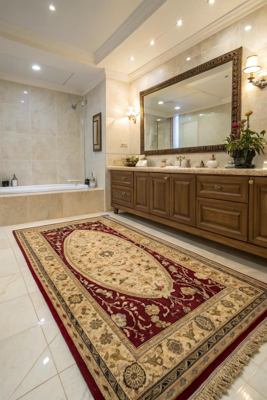 A sumptuous rug contributes warmth and elegance to this bathroom.