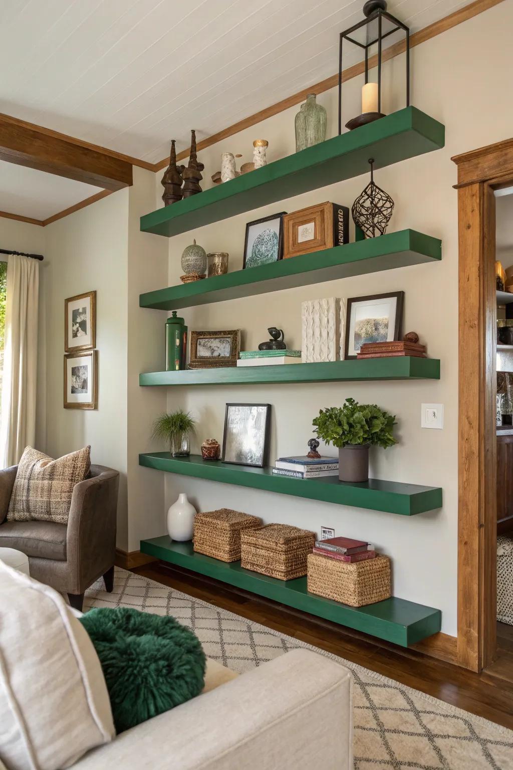 Green floating shelves provide functional style.