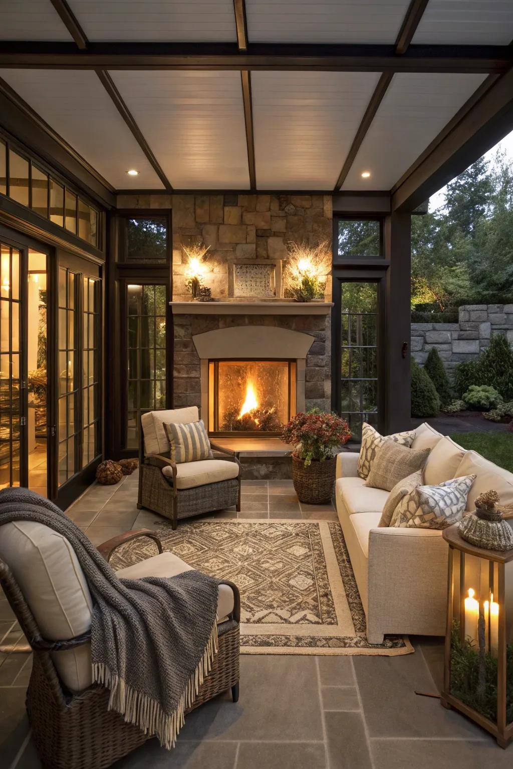 A warm and inviting patio featuring a central hearth for cozy gatherings.
