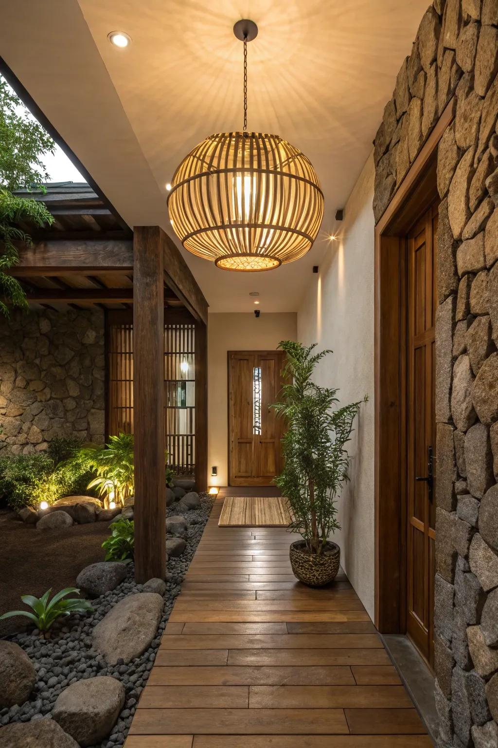 A foyer featuring a bamboo light fixture for an earthy and warm ambiance.