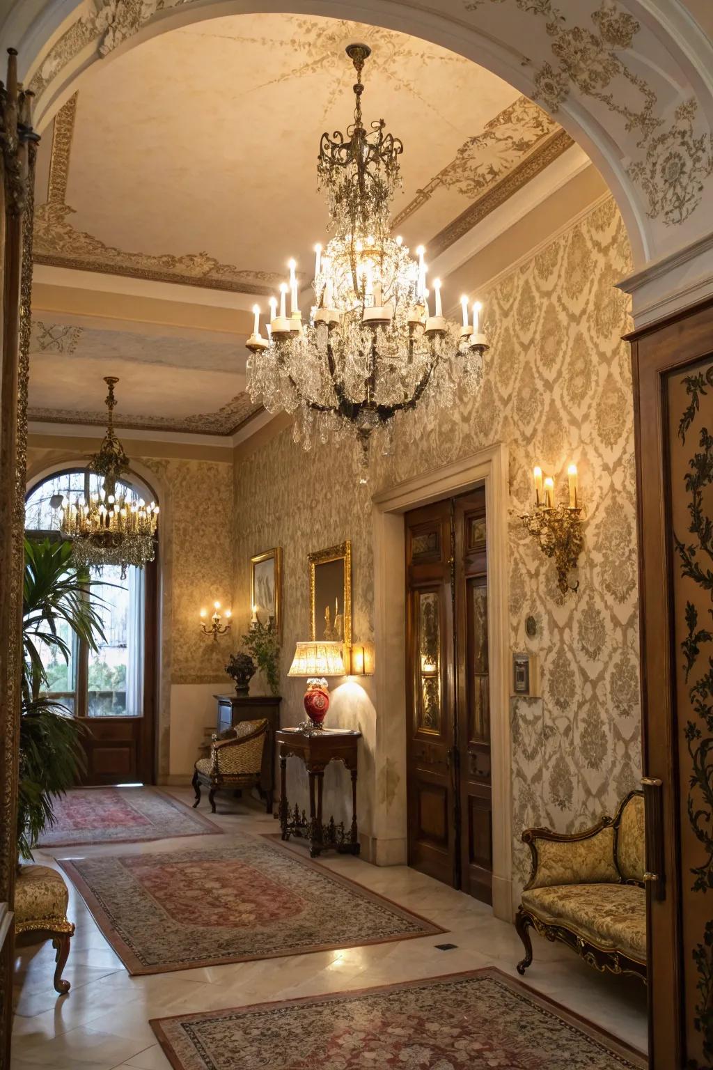 Sophisticated entryway featuring classic damask wallpaper for timeless elegance.
