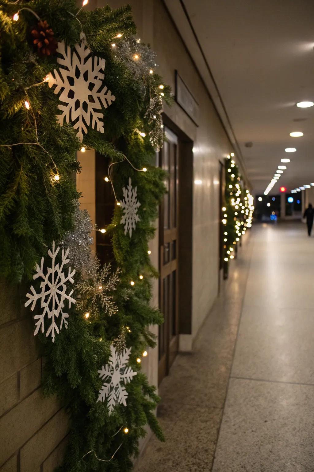 A winter-themed swag featuring snowflakes in a hallway.