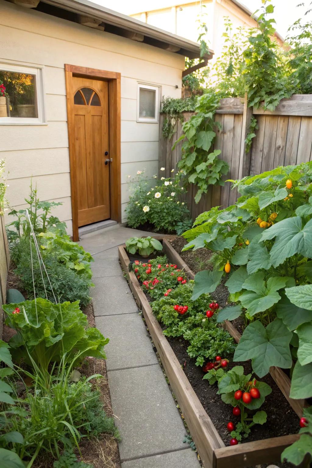 A small vegetable garden provides fresh produce and sustainability.