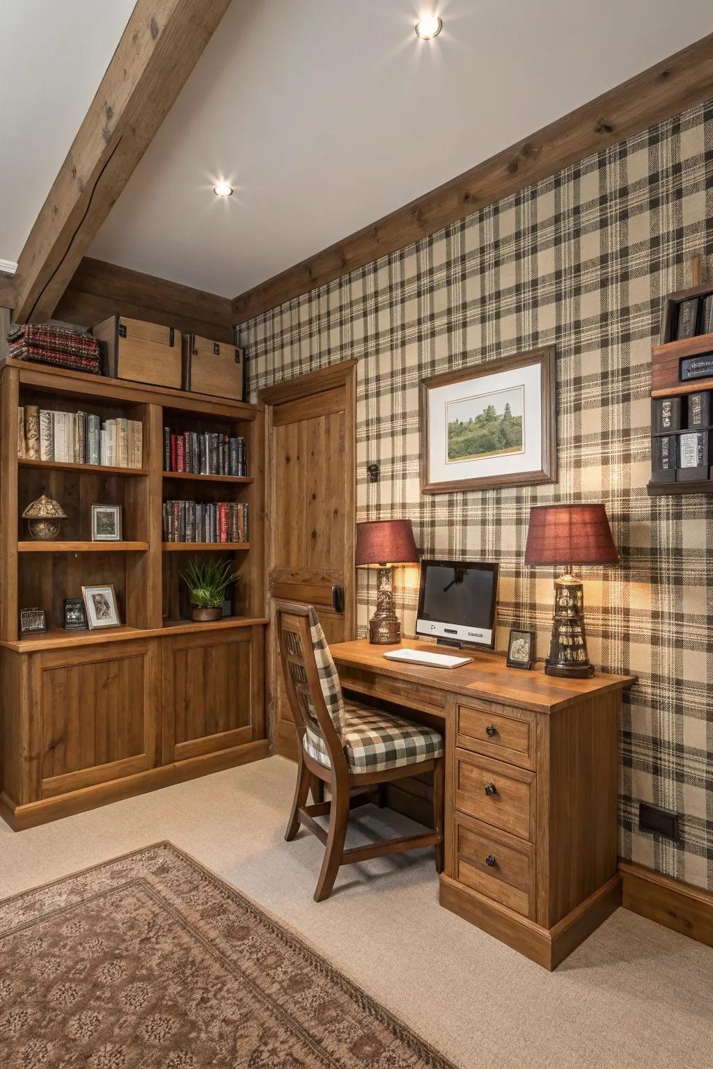 Unique tartan in fabric wallpaper adds a rustic twist.