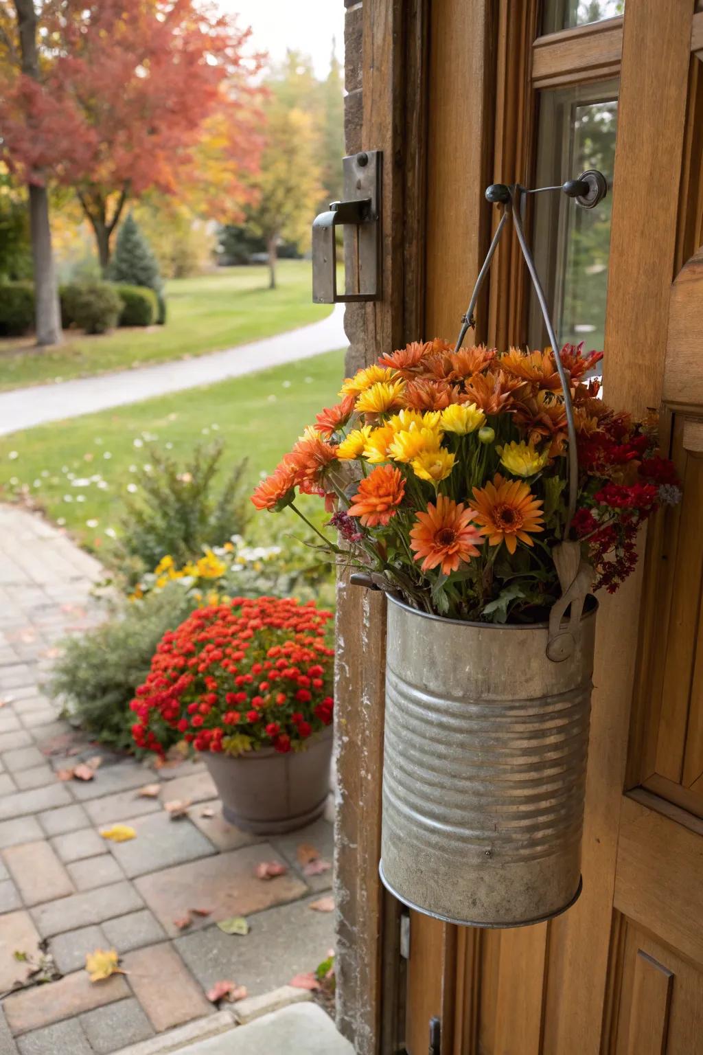 A used iron container serves as a creative, eco-friendly door hanger.