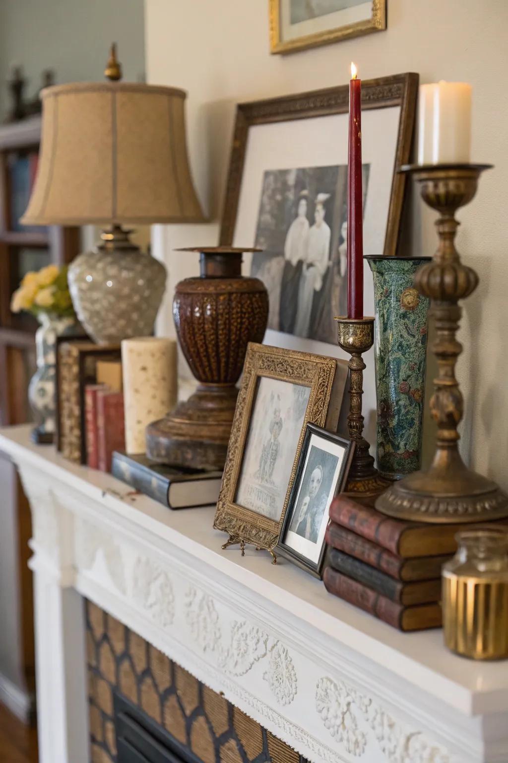 A fall mantel with an eclectic mix of decor.