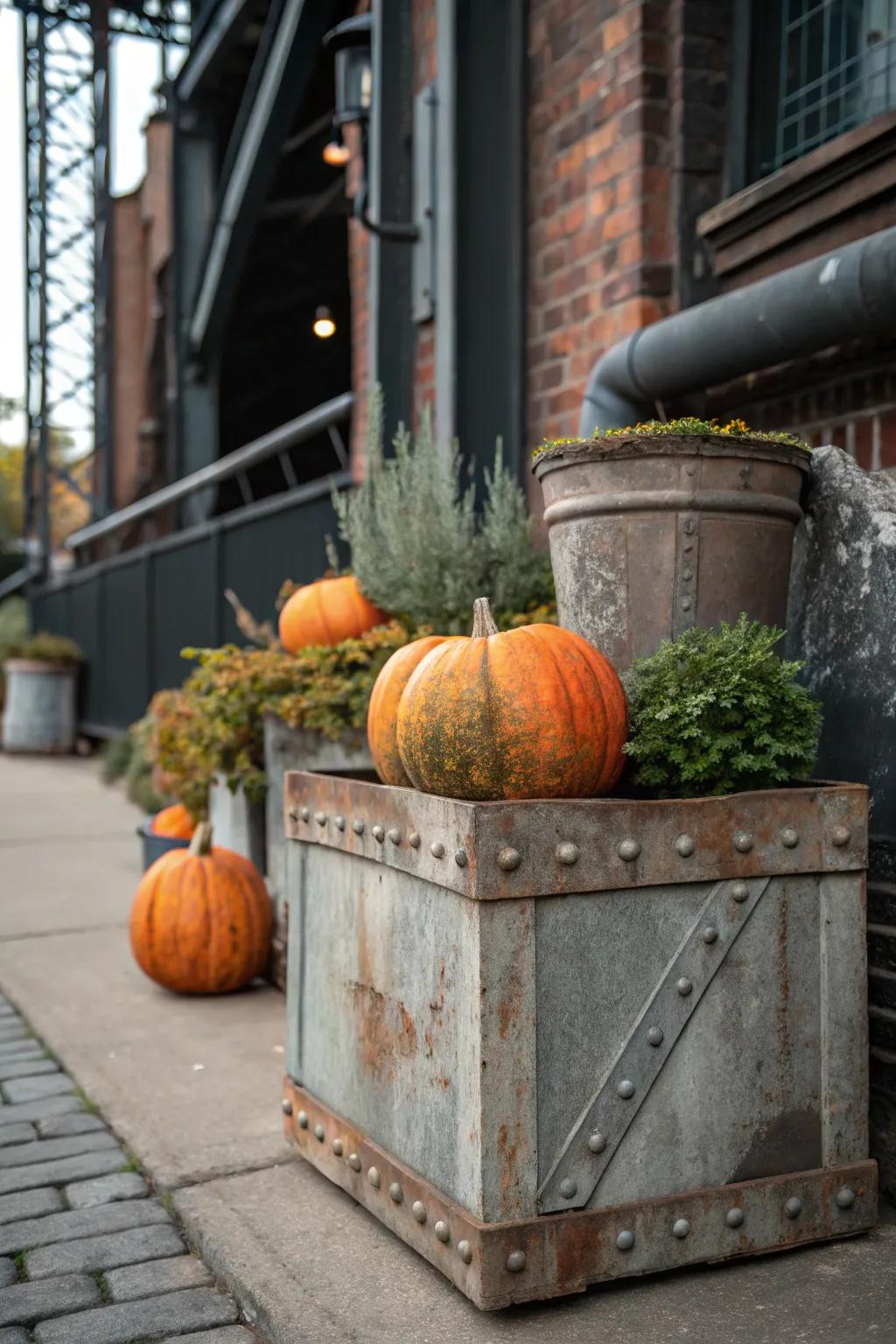 Eroded metal introduces an industrial edge to gourd arrangements.