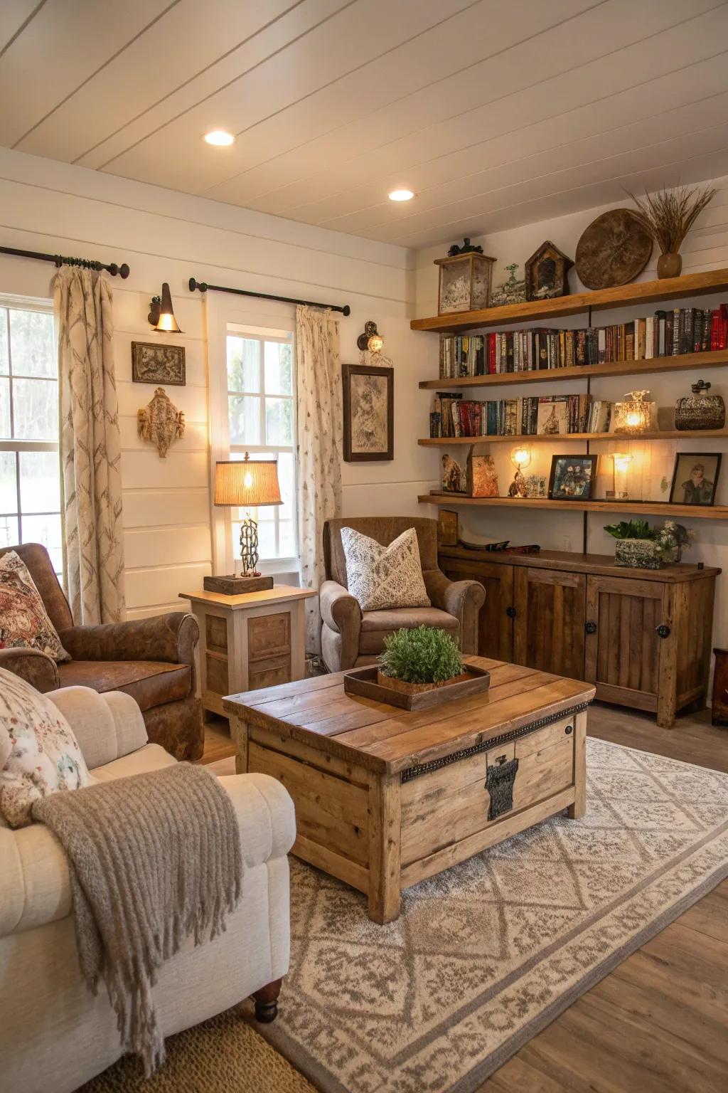 Reclaimed wood furnishings add history and character to this farmhouse living space.