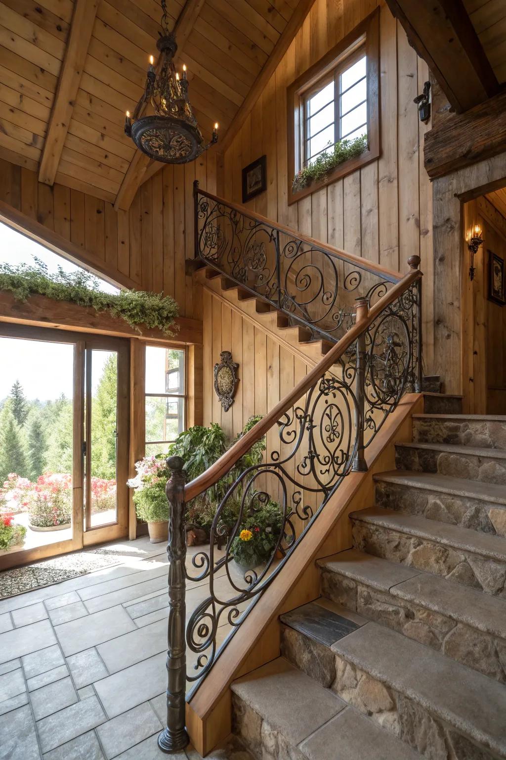 Detailed ironwork introduces artistic flair.