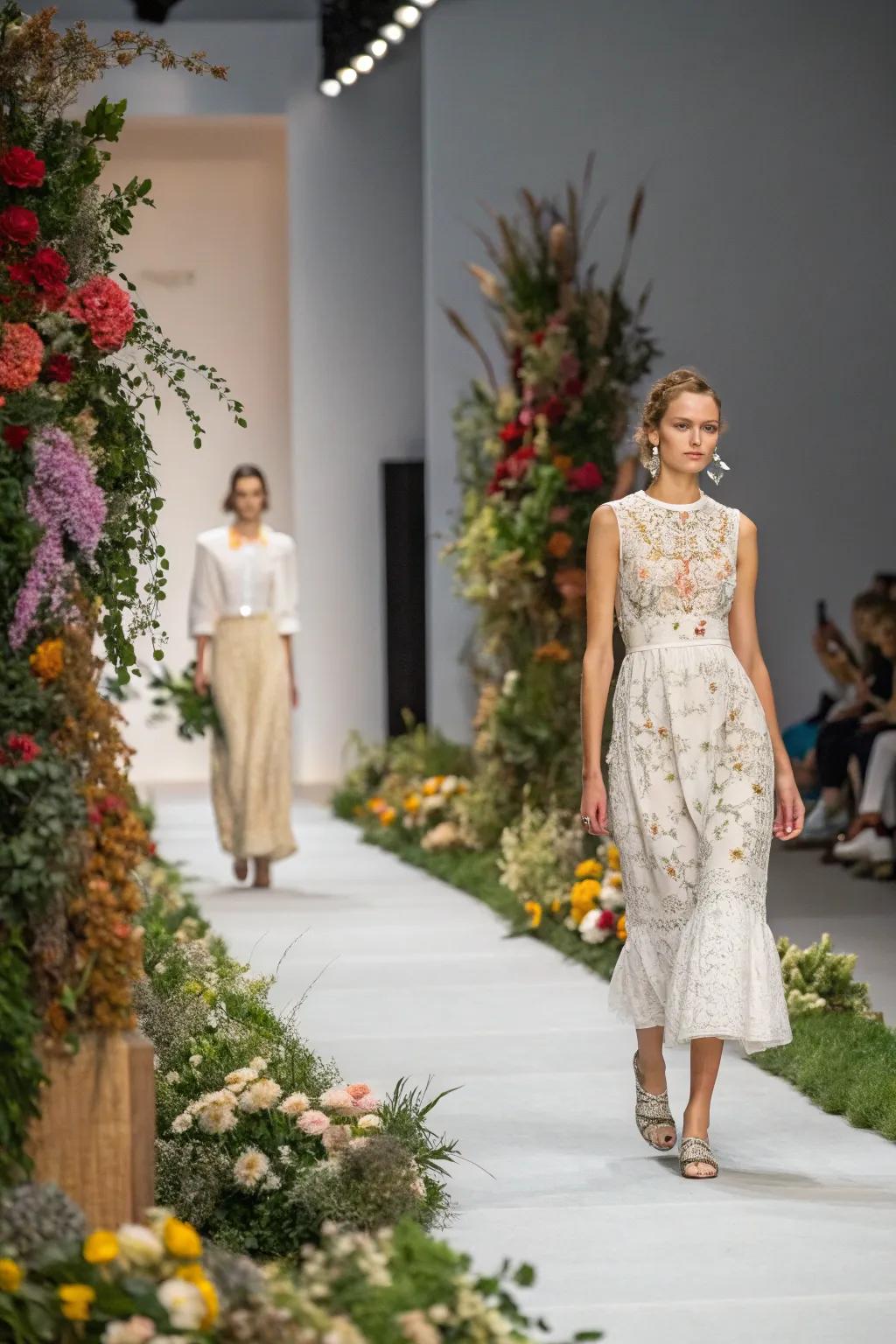 Seasonal floral arrangements add a touch of elegance to the fashion runway.