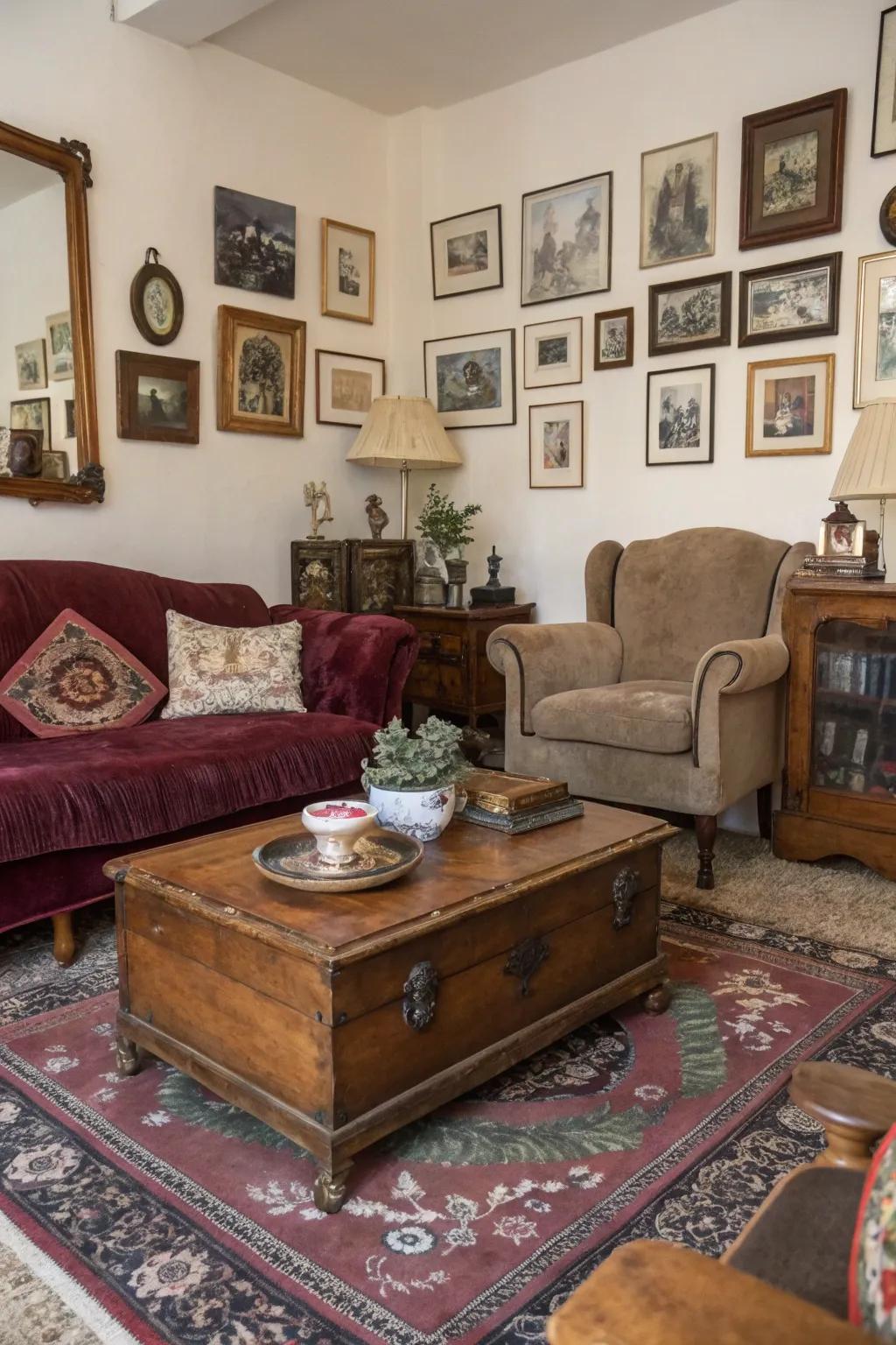 A living room enriched by charming vintage furniture and d&eacute;cor.