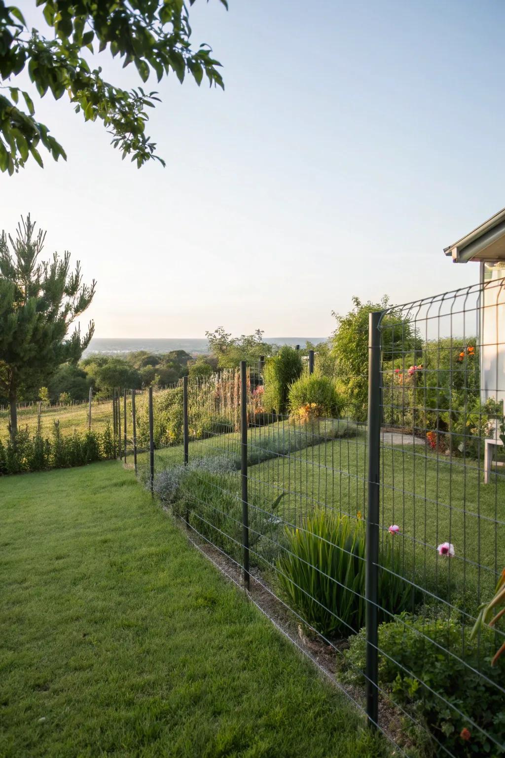 Wire fencing proffers a minimalist design that accentuates the garden.