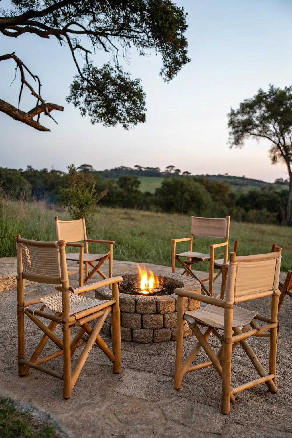 Bamboo chairs offer a sustainable and stylish option for your fire pit area.