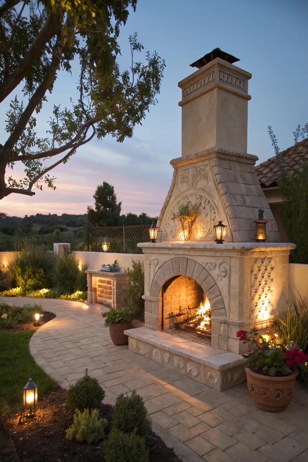 Uplighting accentuates the beauty of outdoor fireplaces.