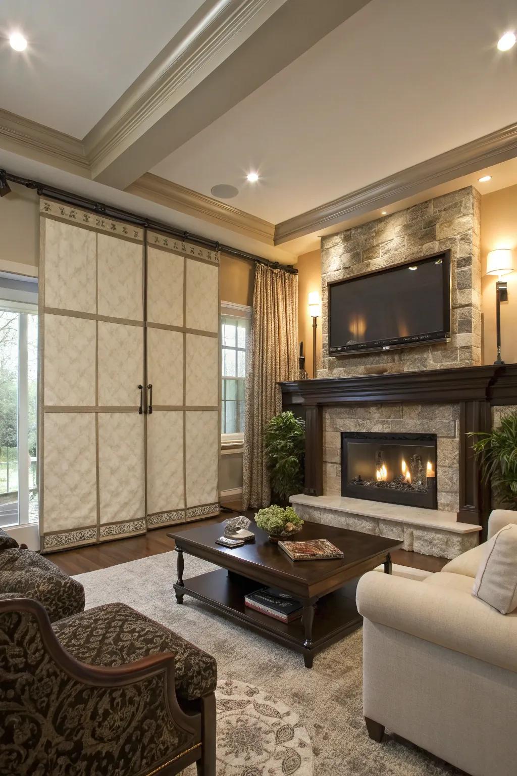 Sliding panels concealing a TV.