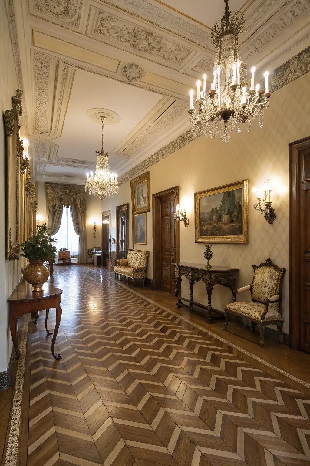 Angled parquet patterns bring timeless style to floor designs.