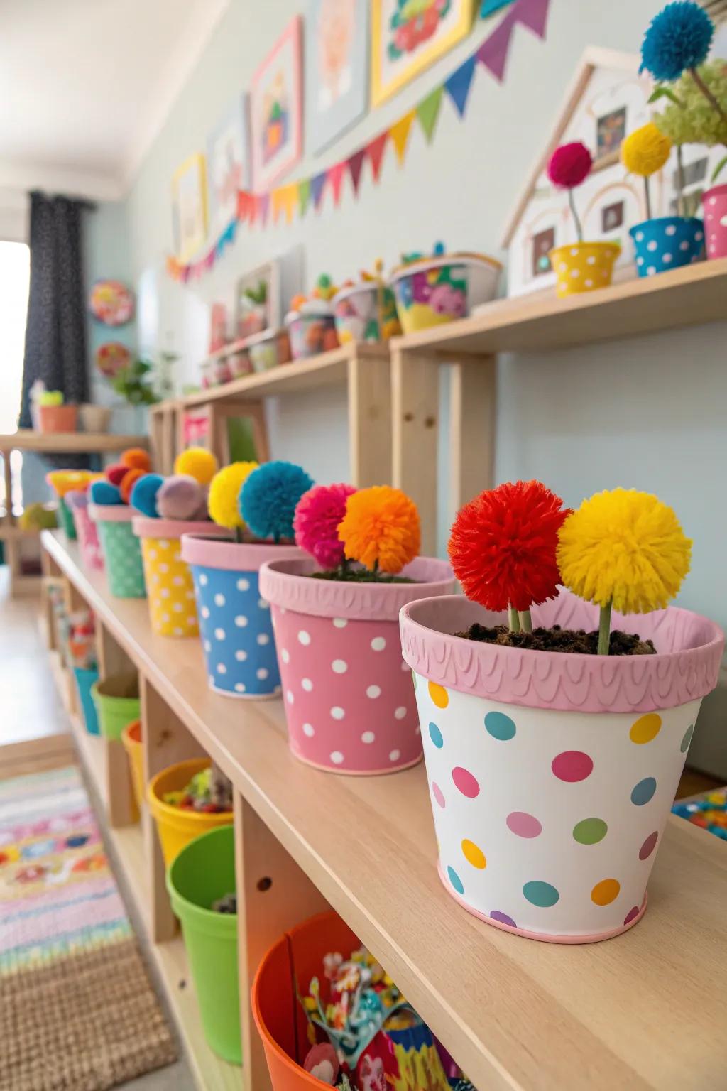 Transport playful gladness through pom-pom accented flower containers.