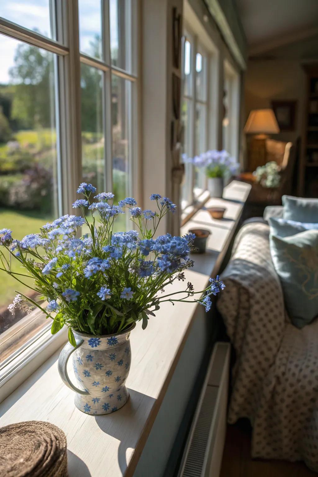 Casement ledges with forget-me-nots transport outdoor allure indoors.