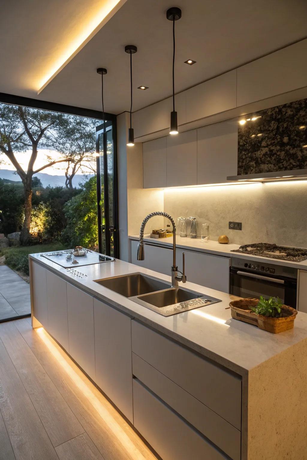 A modern kitchen featuring stylish lighting that enhances an unattached sink.