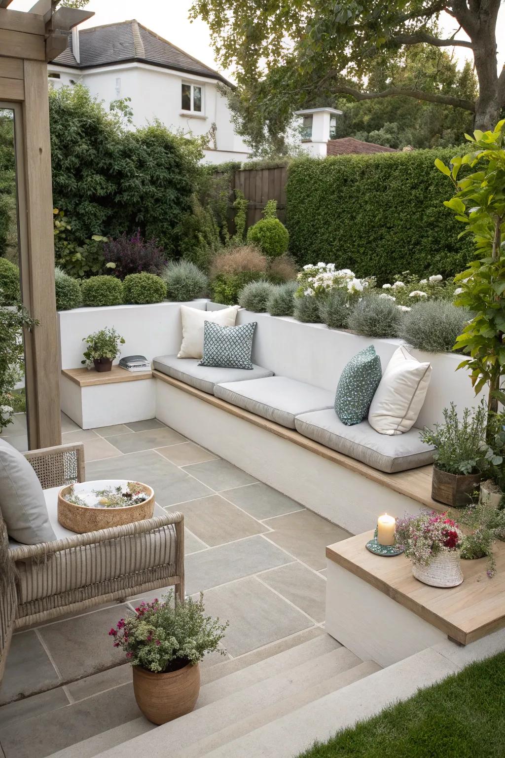 Built-in seating offers a streamlined and cohesive patio design.