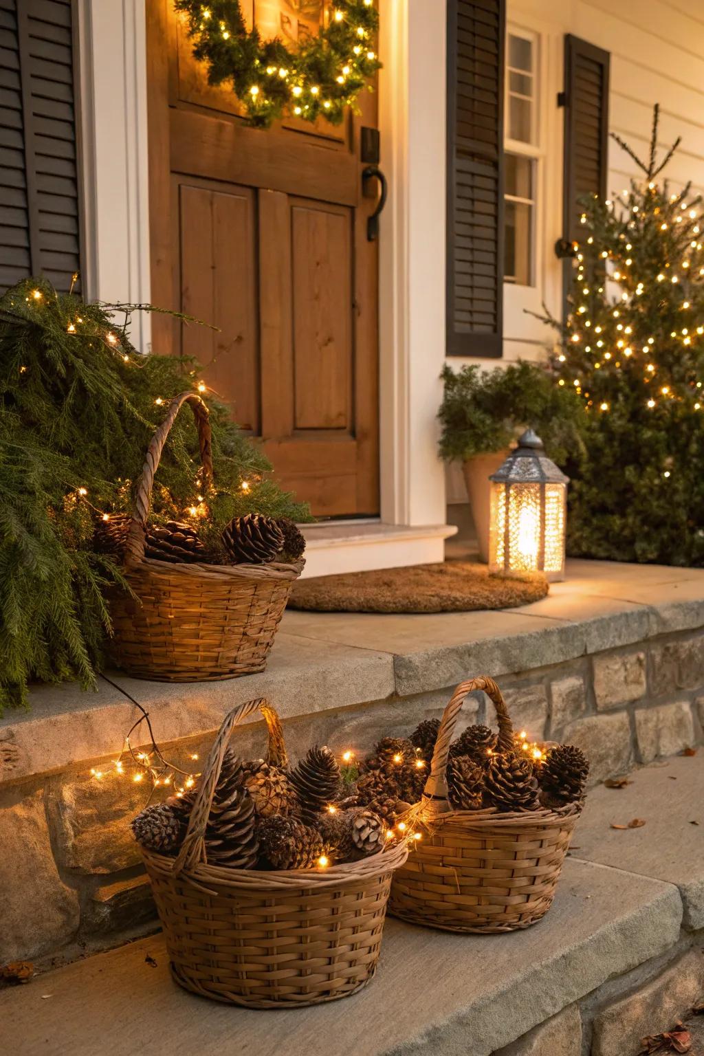 Receptacles populated with pinecones and lights infuse a sophisticated accent.